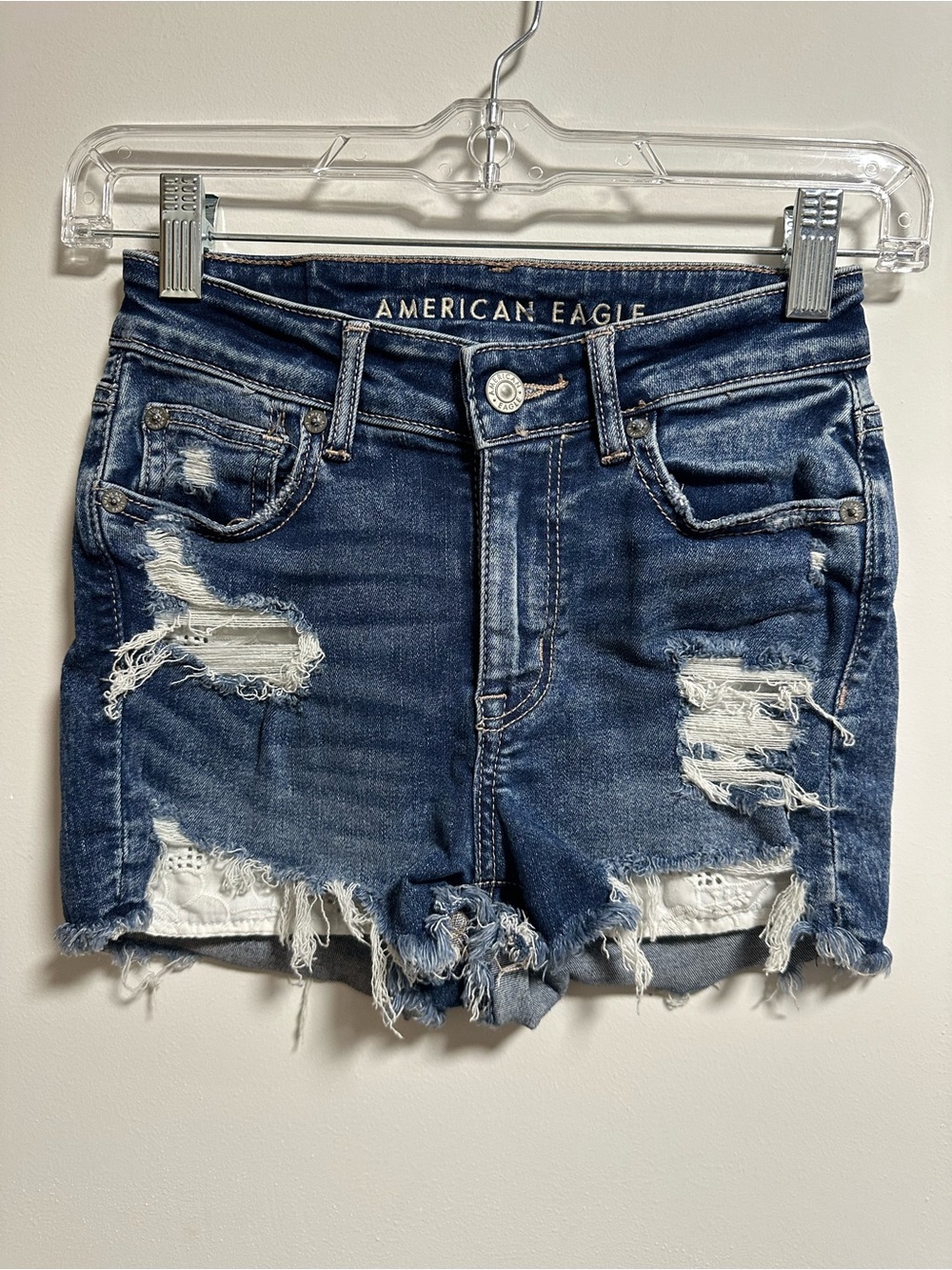 American Eagle Distressed Dark Blue Denim Shorts with Embroidered Pocket